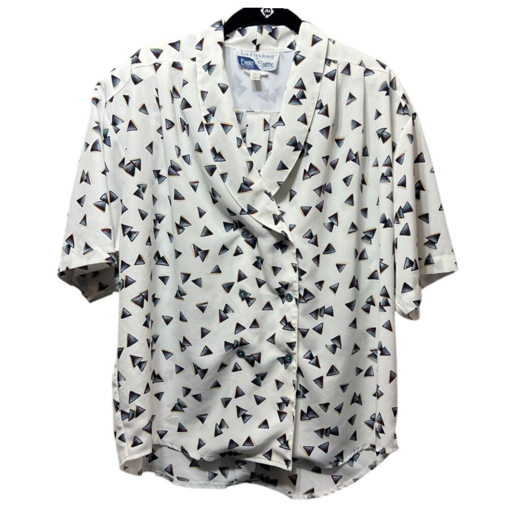 Vintage 80s Triangle Print Short‎ Sleeve Blouse White Size 16 Workwear Secretary